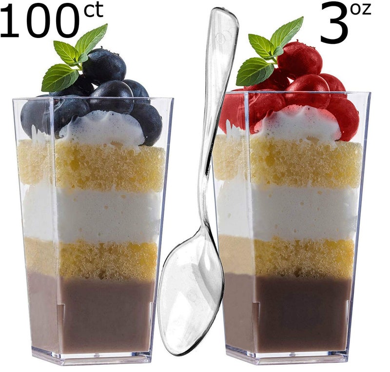 zappy 100 3oz Mini Dessert Cups & 100 Tasting Spoons Tall Square Clear Plastic Dessert Glasses Disposable Shot Glass Tumbler Shooter Cups Parfait Glasses Sample Appetizer Bowls Trifle Bowl 3 oz - Image 3